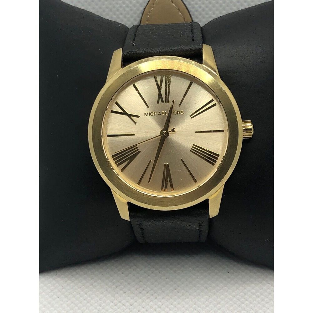 Michael Kors MK3490 Women's Black Leather Analog Gold Dial Quartz Watch HK422